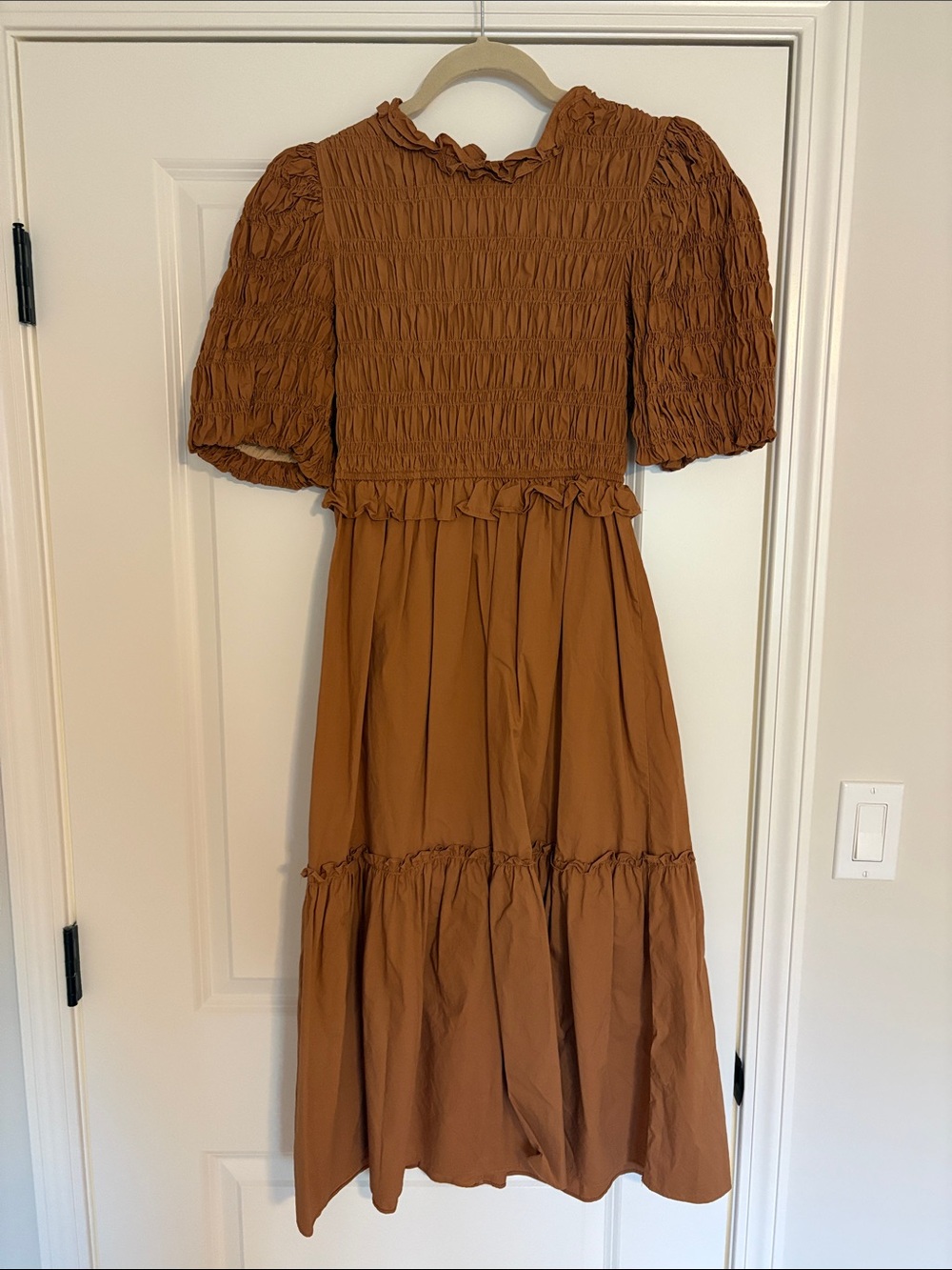 Moon River Rust Brown Smocked Midi Dress